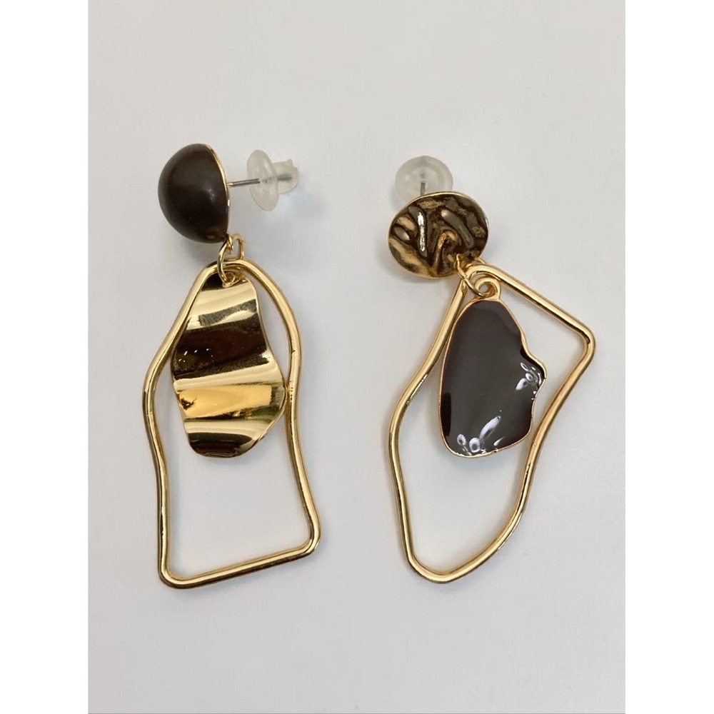 Gold Abstract Geometric Statement Drop Earrings Boho Asymmetrical Artsy - Picture 7 of 15